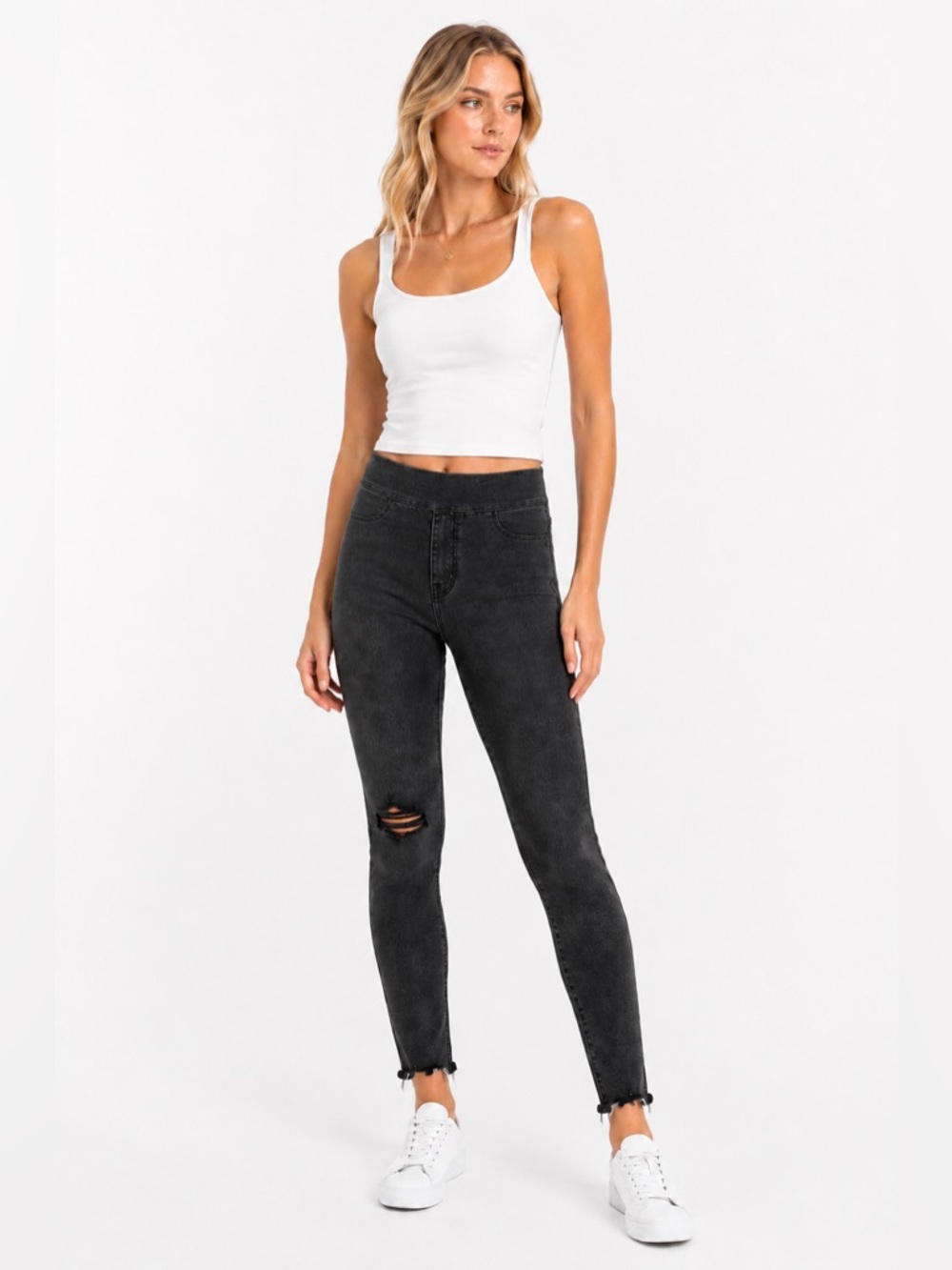 SPANX Black Pull On Skinny Jeans Distressed Raw Hem Stretch Jeggings Medium